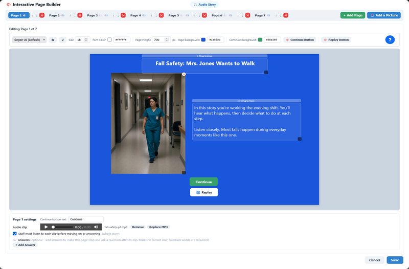 ScriptLMS narrated Audio Story on fall safety, with pictures and on-screen words